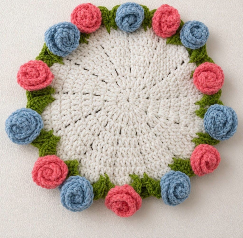 Handmade cream crochet table mat decorated with pink and powder-blue crochet roses and green leaves.